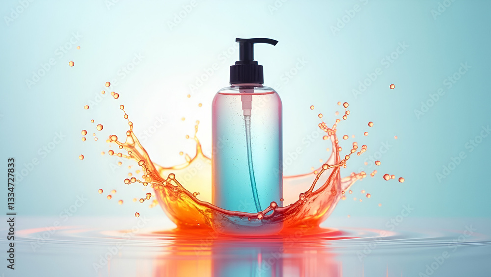 Elegant liquid soap bottle with colorful splash effect showcasing vibrant and stylish hygiene product design concept as Stylish liquid soap bottle design featuring vibrant color splashes highlighting Elegant liquid soap bottle with colorful splash effect showcasing vibrant and stylish hygiene product design concept as Stylish liquid soap bottle design featuring vibrant color splashes highlighting