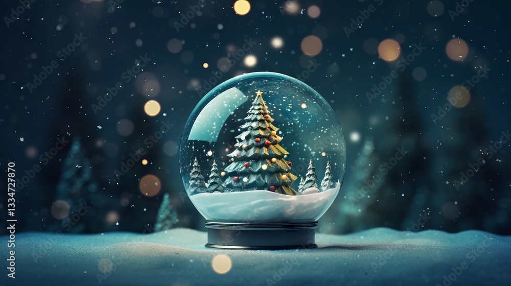 Enchanting winter night snow globe scene with a decorated evergreen tree and bokeh lights creating a festive holiday atmosphere Enchanting winter night snow globe scene with a decorated evergreen tree and bokeh lights creating a festive holiday atmosphere