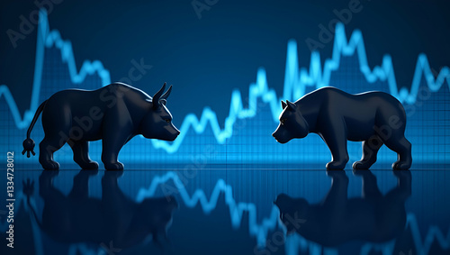 Abstract Financial Chart Featuring Bulls and Bears on Blue Background: Symbolizing Stock Market Trends with Space for Customization in Photo Stock