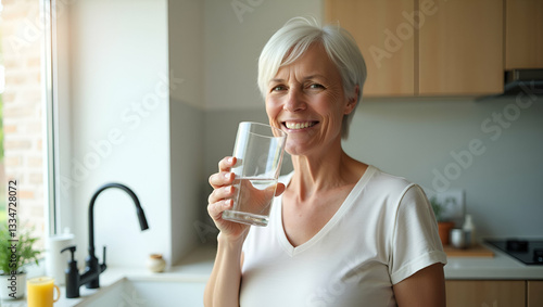 Happy Middle-Aged Woman Enjoying Pure Mineral Water at Home: Daily Hydration Routine for a Healthy Lifestyle - Stock Photo with Space for Text