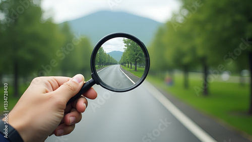 Hand Holding Magnifying Glass to Check Good Air Quality: Ensuring Clean Outdoor Air Safe from Pollution and Dust (PM 2.5) - Photo Stock Concept with Empty Space on the Left Side