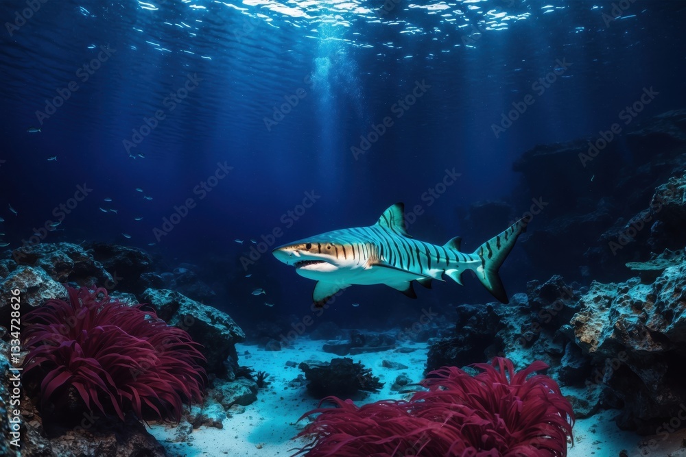 Fototapeta premium A vibrant underwater scene showcasing a shark swimming gracefully among colorful coral and sea anemones, illuminated by sunlight
