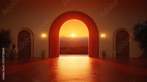 Sunset view through arched doorway.