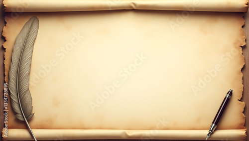 Scroll and quill pen border frame with copy space for World Philosophy Day script writing concept as Scroll paired with a quill pen forming a border with copy space for World Philosophy Day script wri