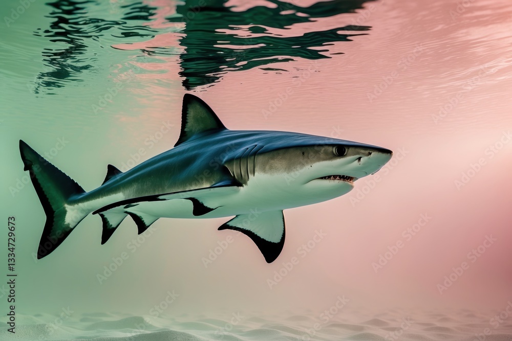 Fototapeta premium A sleek shark gliding through the water with a serene backdrop of soft pink and green hues, showcasing its powerful presence and beauty