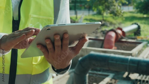 Engineer in safety vest inputs information on tablet at waste water treatment facility closeup. Technician analyzes digital data of sewer filtration station standing against pipes