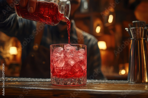 Person pouring drink into glass on marble countertop with soft focus background of kitchen utensils and fresh herbs. photo