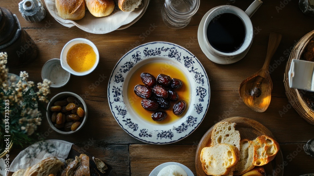 Overhead shot of a breakfast spread featuring dates in syrup and baked goods Overhead shot of a breakfast spread featuring dates in syrup and baked goods