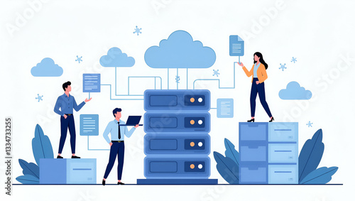 Flat vector business technology document management system storage backup concept and cloud server service with administrator and developer team working concept concept as A business team working with