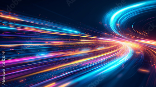 Data Stream  A captivating visual representation of a dynamic data flow  featuring vibrant streaks of light that weave and converge against a dark background.