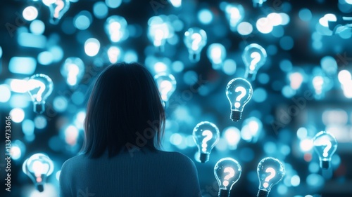 anabstract illustration featuring a thoughtful female figure surrounded by glowing light bulbs and floating question marks symbolizing