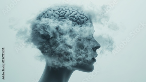 Abstract visualization of brain fog, featuring a human head silhouette with a clouded brain, symbolizing challenges in thought, focus, and mental clarity.