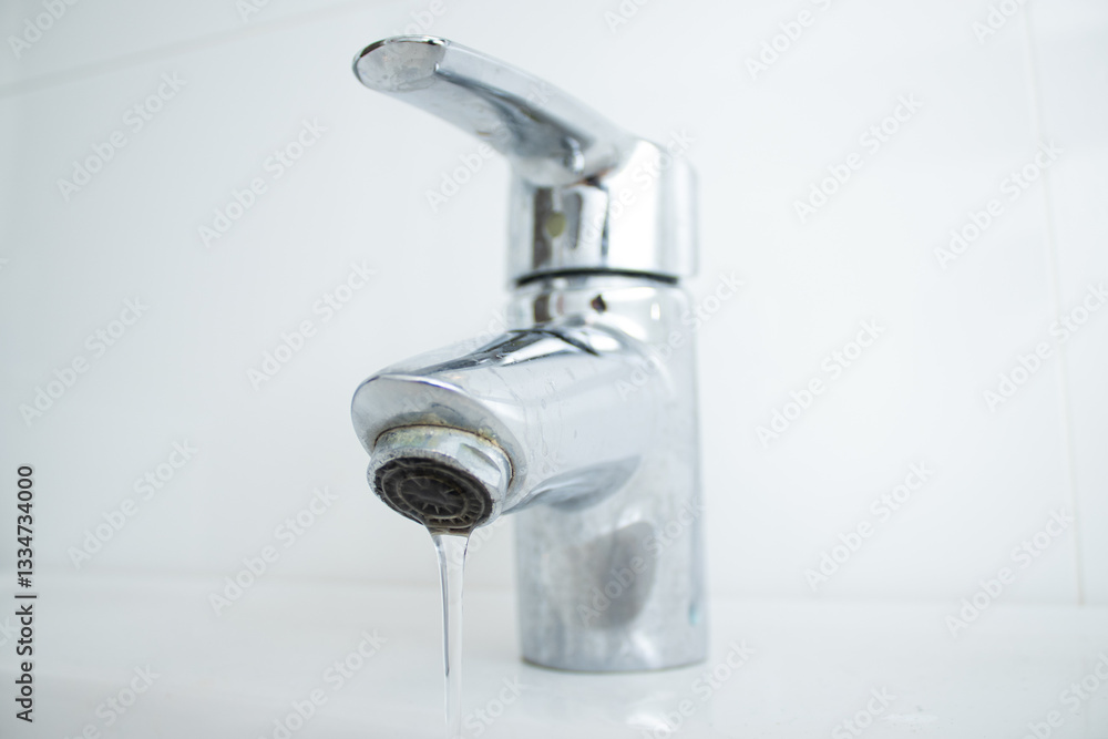 Close up of a bathroom faucet with running water and limescale stains and dirty sink Close up of a bathroom faucet with running water and limescale stains and dirty sink