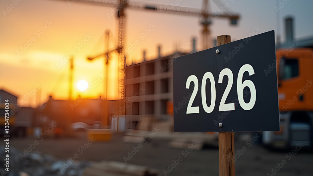 Obraz premium Construction Site Sign Displaying 2026: Symbolizing Future Developments Against a Stunning Sunset Backdrop - Photo Stock Concept with Empty Space for Customization