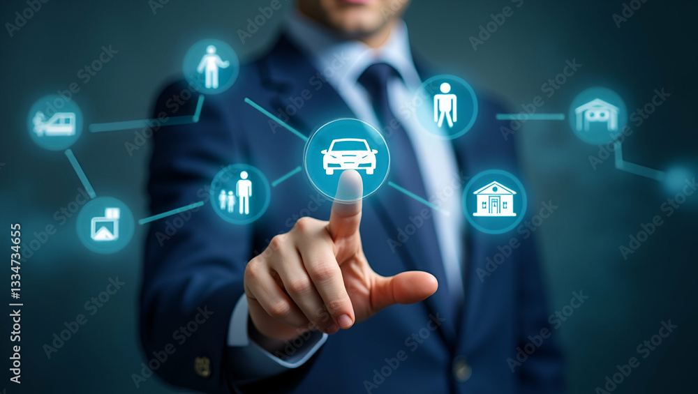 Businessman clicking insurance icons for car travel family life financial and health insurance representing online insurance buying concept concept as Businessman clicking on insurance icons for car t Businessman clicking insurance icons for car travel family life financial and health insurance representing online insurance buying concept concept as Businessman clicking on insurance icons for car t