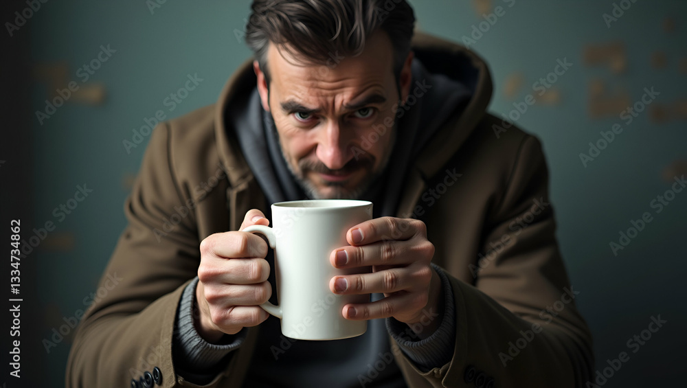 A Somber Depiction of a Homeless Man Holding a Paper Mug: Exploring Themes of Poverty, Hope, and the Urgent Need for Societal Support in Stock Photography A Somber Depiction of a Homeless Man Holding a Paper Mug: Exploring Themes of Poverty, Hope, and the Urgent Need for Societal Support in Stock Photography