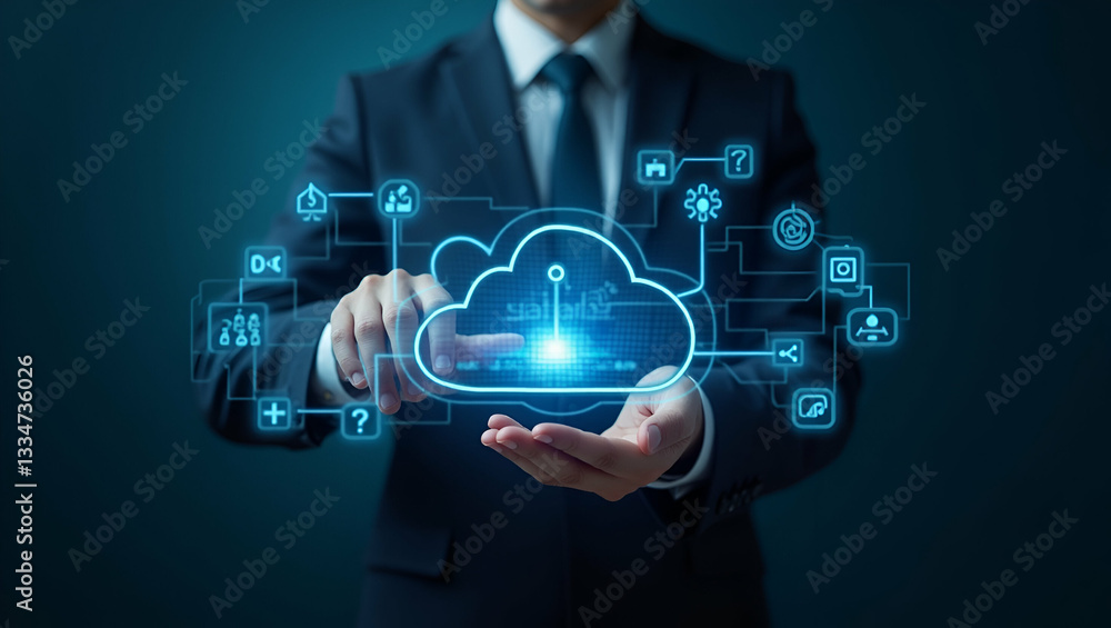 Flat Businessman Engaging with Holographic SAP AI Cloud Solutions Flat Businessman Engaging with Holographic SAP AI Cloud Solutions