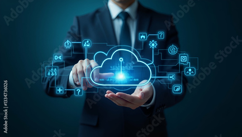 Flat Businessman Engaging with Holographic SAP AI Cloud Solutions