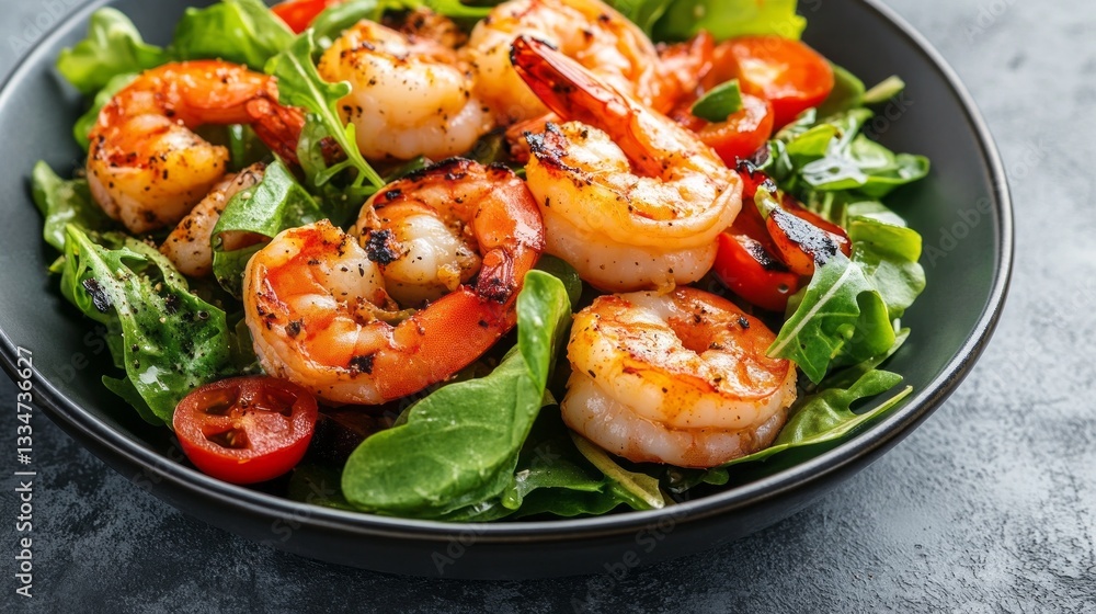 Juicy grilled shrimp are beautifully arranged atop a bed of vibrant greens and cherry tomatoes, creating a deliciously healthy dish perfect for a summer gathering Juicy grilled shrimp are beautifully arranged atop a bed of vibrant greens and cherry tomatoes, creating a deliciously healthy dish perfect for a summer gathering