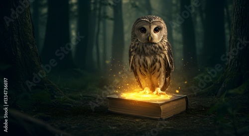 Guardian of Wisdom: Owl Perched on an Enchanted Book in a Dark Forest