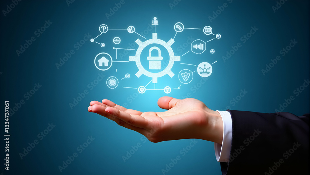 Flat Hand holding holographic checkmark with quality assurance certification symbols on blue background in empty space concept as Hand holds holographic checkmark symbol with quality assurance certifi Flat Hand holding holographic checkmark with quality assurance certification symbols on blue background in empty space concept as Hand holds holographic checkmark symbol with quality assurance certifi