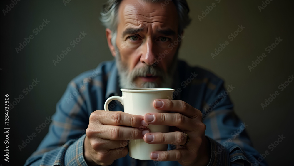 Poor tired depressed hungry homeless man holds a paper mug in his hands. Help and money. Nostalgia and hope concept. concept as A somber depiction of a tired homeless man holding a paper mug represent Poor tired depressed hungry homeless man holds a paper mug in his hands. Help and money. Nostalgia and hope concept. concept as A somber depiction of a tired homeless man holding a paper mug represent