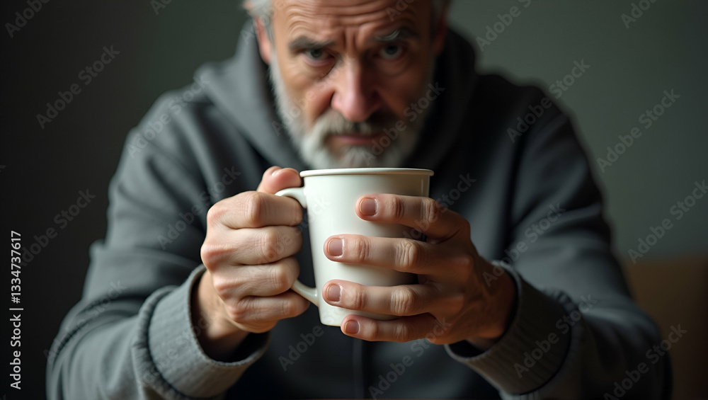 A Somber Depiction of a Homeless Man Holding a Paper Mug: Exploring Themes of Poverty, Hope, and the Urgent Need for Societal Support in Stock Photography A Somber Depiction of a Homeless Man Holding a Paper Mug: Exploring Themes of Poverty, Hope, and the Urgent Need for Societal Support in Stock Photography