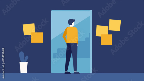 Mirror Reflection An individual standing in front of a mirror looking at their reflection with a puzzled or frustrated expression surrounded by postit notes with phrases like too