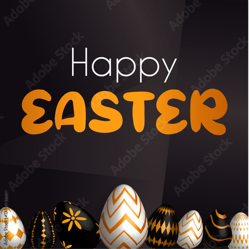 Elegant Happy easter black, white and gold background, easter eggs at the bottom