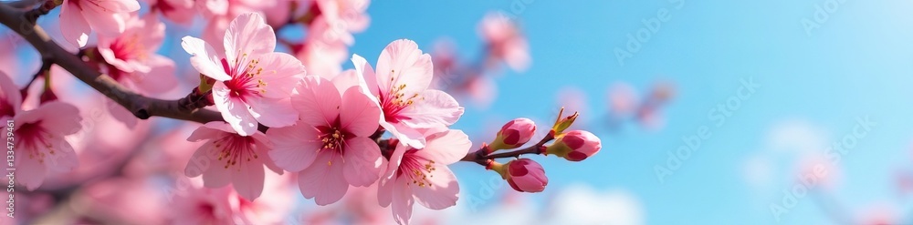 Close-up of vibrant peach blossoms in full bloom against a blue sky backdrop, spring, nature, flowers Close-up of vibrant peach blossoms in full bloom against a blue sky backdrop, spring, nature, flowers