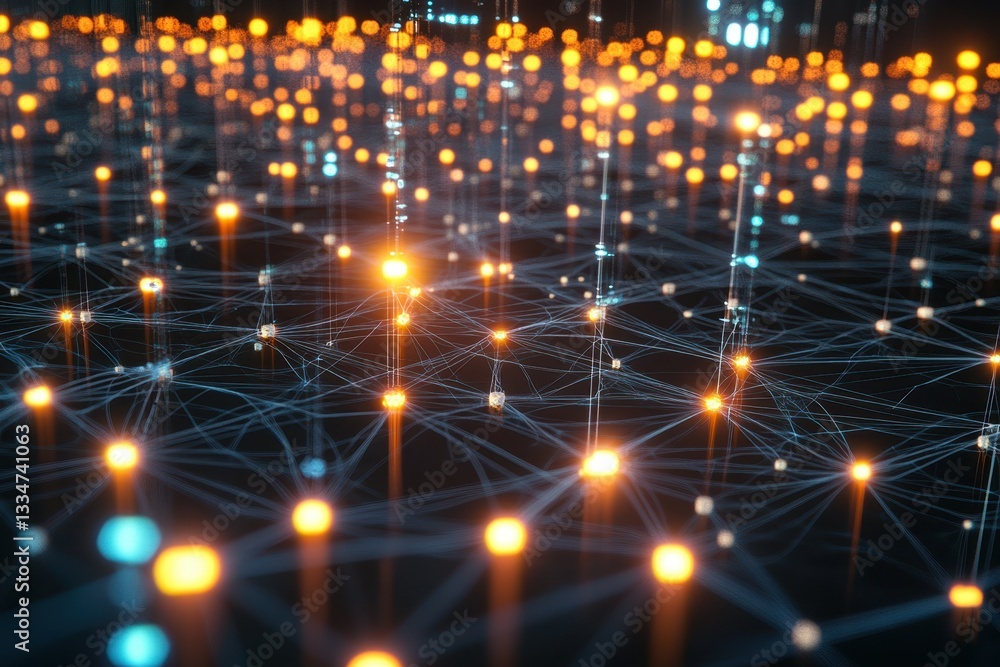 Fototapeta premium Abstract representation of interconnected nodes glowing in a dark space