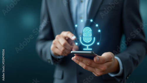Wallpaper Mural Man touching microphone icon on smartphone representing mobile voice recording audio messaging and AI voice commands for information search. concept as Individual interacts with smartphone microphone  Torontodigital.ca