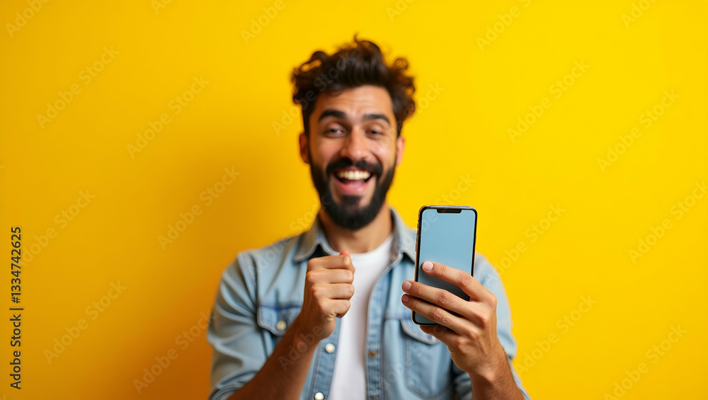 Flat Happy young Indian man celebrates winning lottery game using smartphone for betting cashback online gifts via mobile app holding phone against yellow background concept as Happy young Indian man Flat Happy young Indian man celebrates winning lottery game using smartphone for betting cashback online gifts via mobile app holding phone against yellow background concept as Happy young Indian man