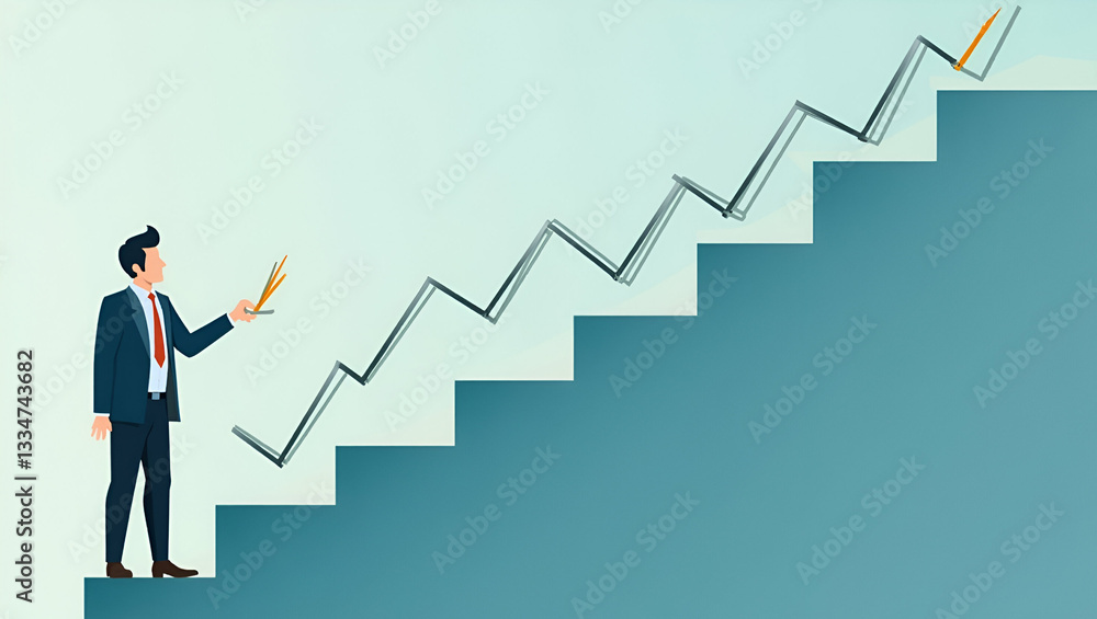 Achieve Business Success: A Watercolor Illustration of a Businessman Drawing Checkmarks on a Virtual Staircase Towards Goal Setting and Progress Planning