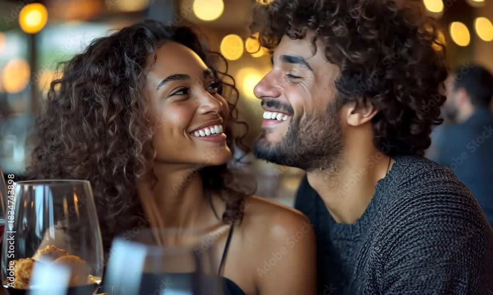 A joyful couple enjoying a romantic dinner in a cozy restaurant with warm lighting A joyful couple enjoying a romantic dinner in a cozy restaurant with warm lighting