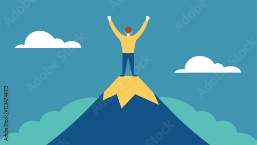 Mountaintop Achievement A figure standing triumphantly on top of a mountain arms raised in celebration representing the fulfillment of personal goals and achieving ones purpose.