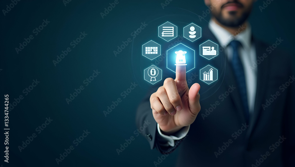 Hand pointing at holographic SME business growth icons with various business related symbols representing growth strategy success of small and medium sized enterprises in empty space concept as Hand p Hand pointing at holographic SME business growth icons with various business related symbols representing growth strategy success of small and medium sized enterprises in empty space concept as Hand p