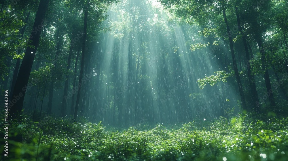 Fototapeta premium Lush Green Forest with Sunlight Streaming Through Trees and Rain