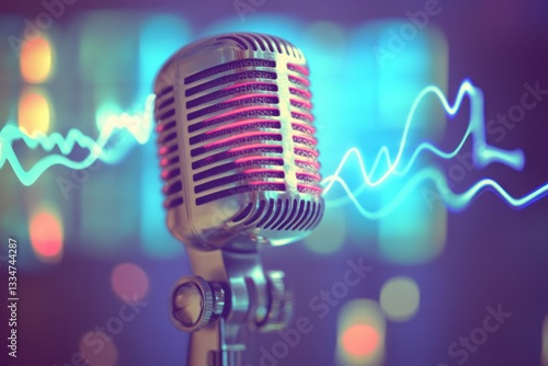A close-up image of a classic microphone with a vibrant soundwave emanating from it, symbolizing live broadcasting or podcasting. The background is a clean