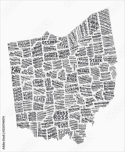Ohio Text Style Counties. State region names word clouds in the English language. Elegant vector illustration.