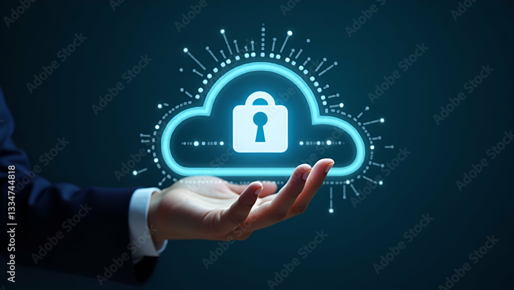 Flat Hand Holding Holographic ERP Integration Security Icon: A Minimalist Vector Illustration of Cloud Security for Smart Business Solutions Flat Hand Holding Holographic ERP Integration Security Icon: A Minimalist Vector Illustration of Cloud Security for Smart Business Solutions