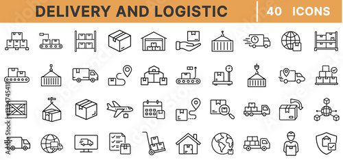 "Delivery and Logistic Line Icons – Shipping, Transportation, Supply Chain, Warehouse, Cargo, Courier, Freight, Distribution, E-commerce, Editable Stroke, Vector Set"