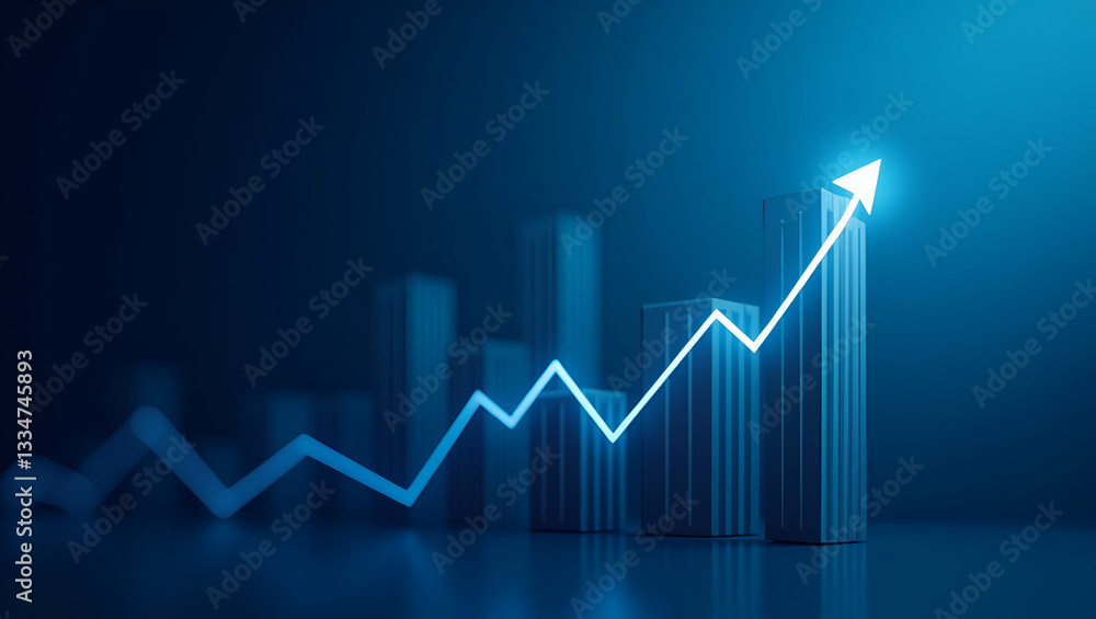 Widescreen abstract financial graph with uptrend line and bar chart of stock market on blue background symbolizing financial growth and market trends. concept as Widescreen abstract financial graph wi Widescreen abstract financial graph with uptrend line and bar chart of stock market on blue background symbolizing financial growth and market trends. concept as Widescreen abstract financial graph wi