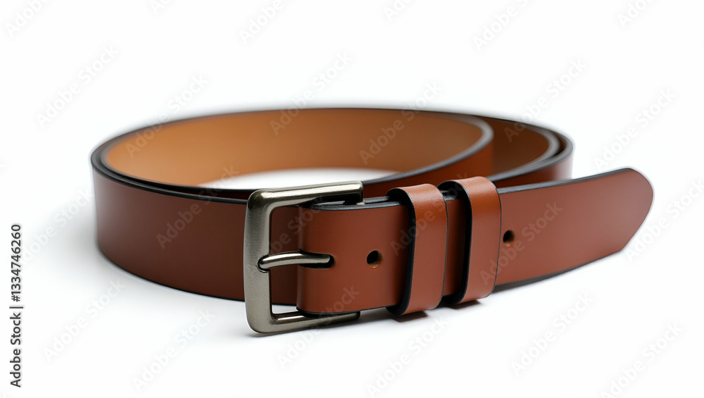 Flat Brown belt on white background. belt. Brown belt on isolate background. concept as A close up shot of a brown belt against a white background focusing on fashion and accessory details. in Simple Flat Brown belt on white background. belt. Brown belt on isolate background. concept as A close up shot of a brown belt against a white background focusing on fashion and accessory details. in Simple