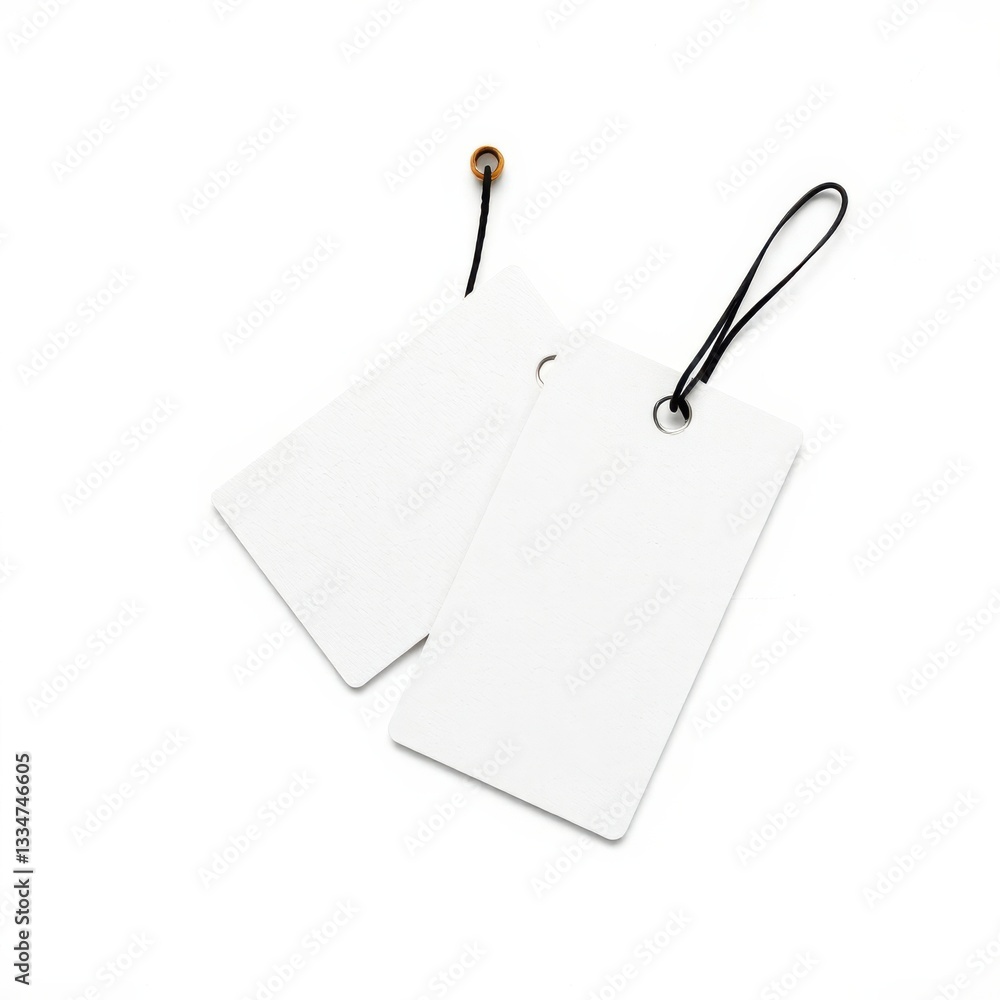 Naklejka premium Two blank white tags with black string attached, laying on a bright white background showcasing simplicity.