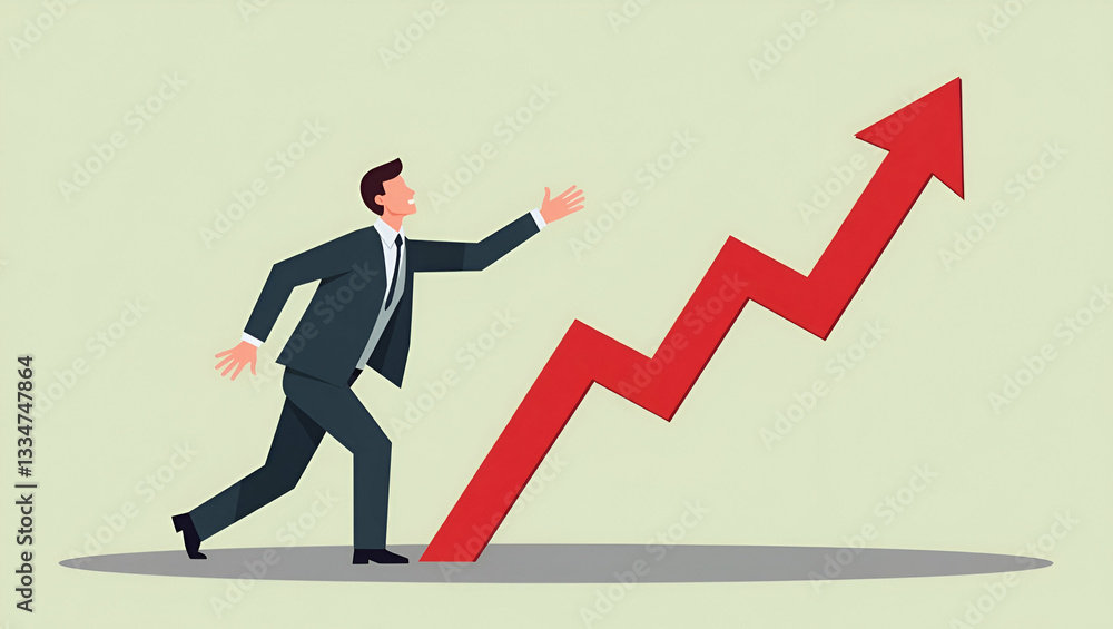 Businessman bankrupt recession loss business vector concept illustration. Man pushed red arrow downward. Failure pressure market cut crisis. Economy debt fall rate. Risk investment currency price. con Businessman bankrupt recession loss business vector concept illustration. Man pushed red arrow downward. Failure pressure market cut crisis. Economy debt fall rate. Risk investment currency price. con