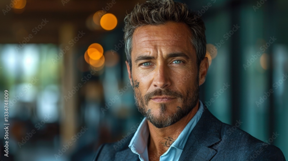 Portrait of a Man with Soul Patch Wearing Blazer on Dark Teal Background Portrait of a Man with Soul Patch Wearing Blazer on Dark Teal Background