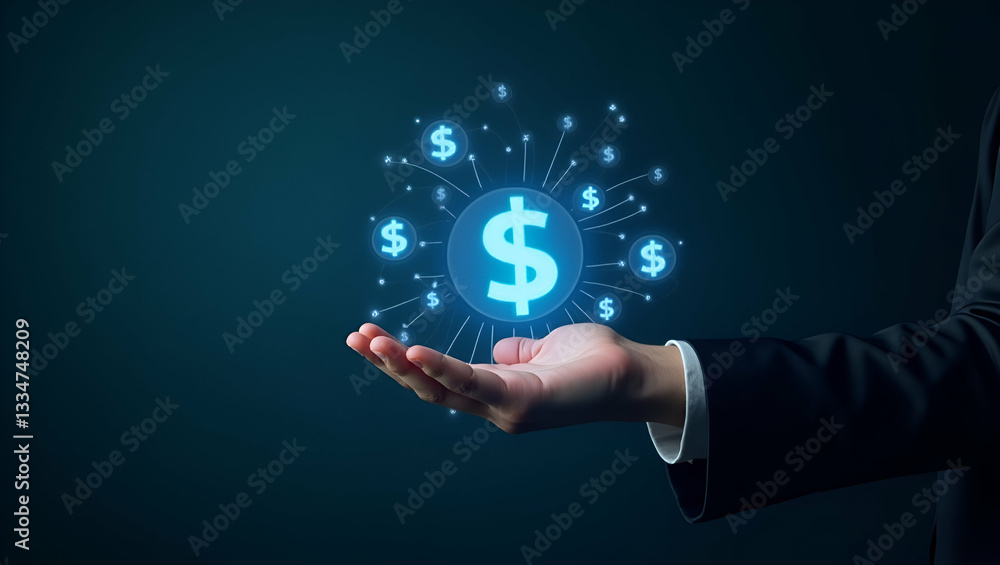 Fototapeta premium Flat Hand Visualizing Holographic Mutual Funds: A Cute Vector Illustration of Smart Business Allocations and Fund Distributions in Empty Space