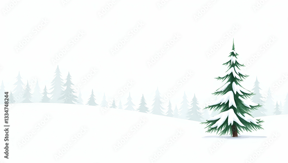 Fototapeta premium Flat Tall pine tree snow covered branches clipart watercolor illustration hand drawn white background perfect for nursery art concept as Hand drawn watercolor clipart of tall pine tree with snow cover