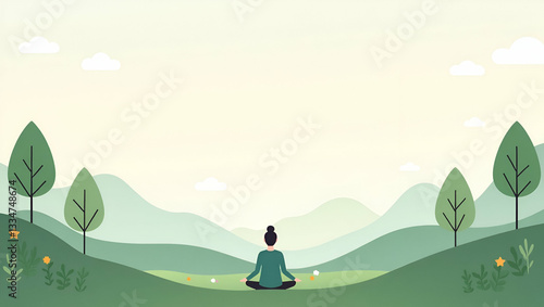Calm World Mental Health Day border with peaceful landscapes and meditation icons offering ample copy space concept as Calm mental health frame featuring peaceful landscapes and meditation icons for t
